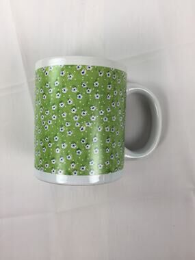 Michaels Coffee Mug 12 oz Green W/ White Flowers 4” New